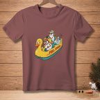 T-shirt graphic of snowmen in a yellow duck-shaped raft with "FULL SPEED" text.