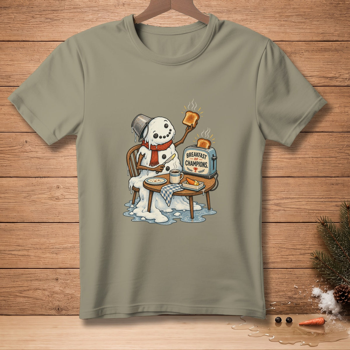 Melting snowman with bucket hat and scarf eating toast from a toaster labeled "Breakfast of Champions".