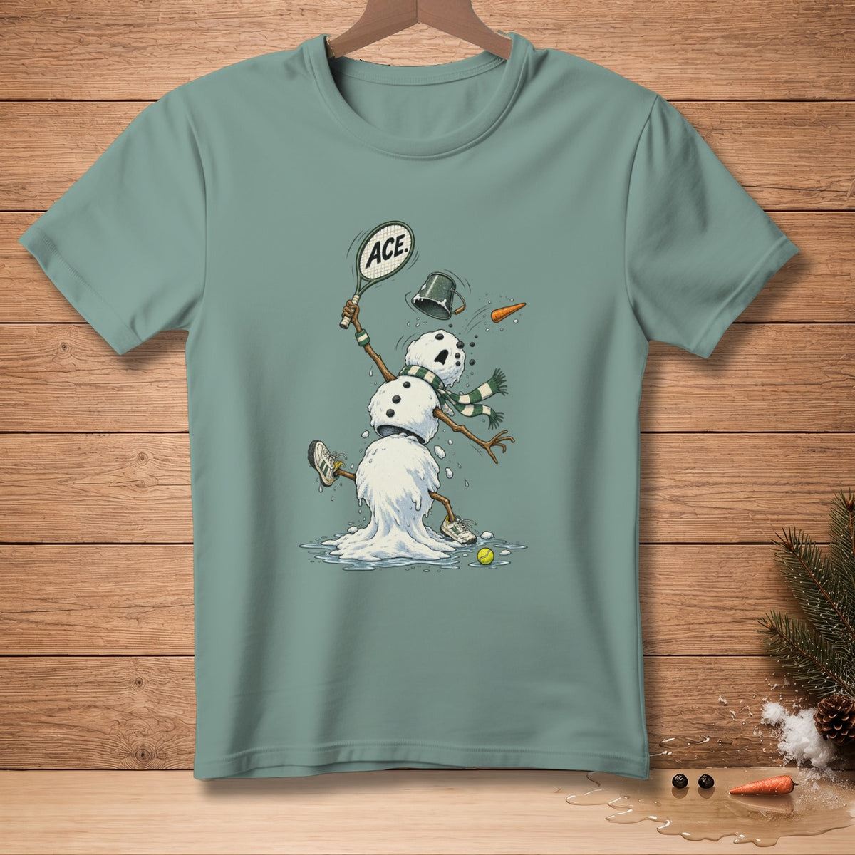 Melting snowman playing tennis and hitting an ace with a tennis racket.