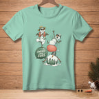 Mint green t-shirt with snowmen doing yoga on exercise balls.