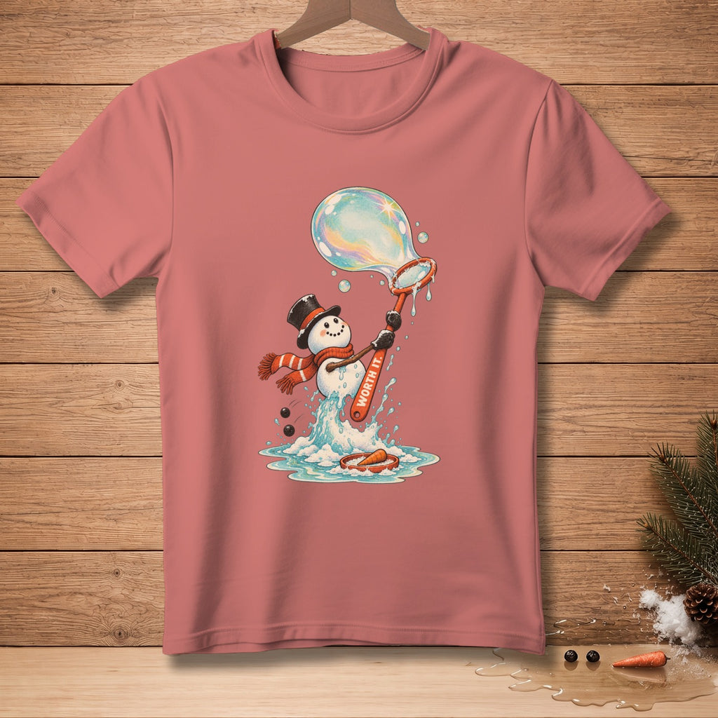 Snowman blowing a bubble with "WORTH IT." text on bubble wand.