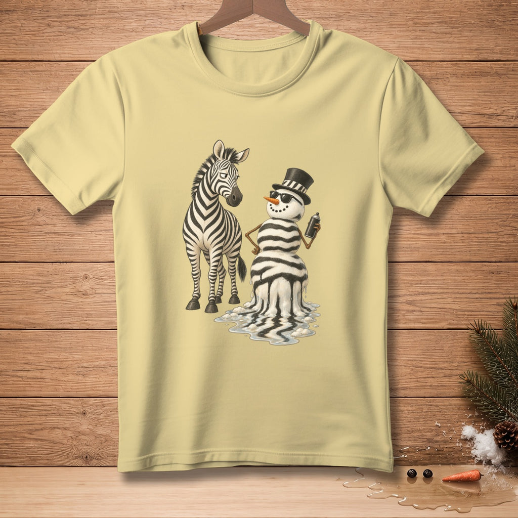 Yellow t-shirt with a zebra and a melting snowman with zebra stripes.