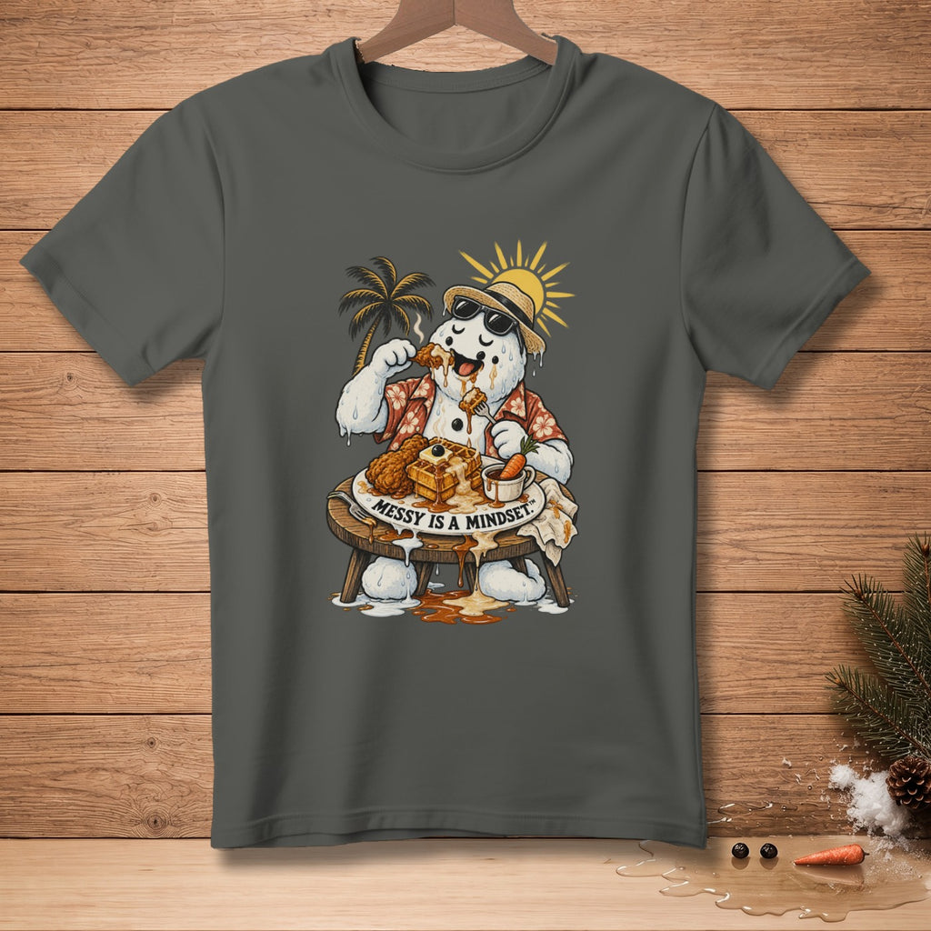 Snowman eating waffles and fried chicken with "Messy is a Mindset" text.