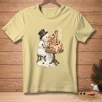 Melting snowman wearing top hat eats cinnamon roll with fork, "Worth It." text on bib.