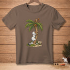 Snowman climbing palm tree with monkey, sign says "Almost There".