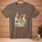 Snowmen building a sandcastle on a beach, one holding a bucket, another wearing a Hawaiian shirt.