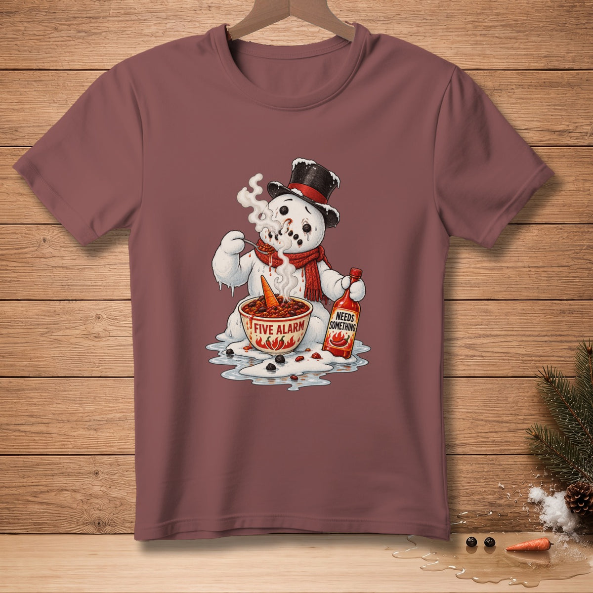 Snowman eating chili with a bottle of hot sauce and a bowl labeled "Five Alarm".