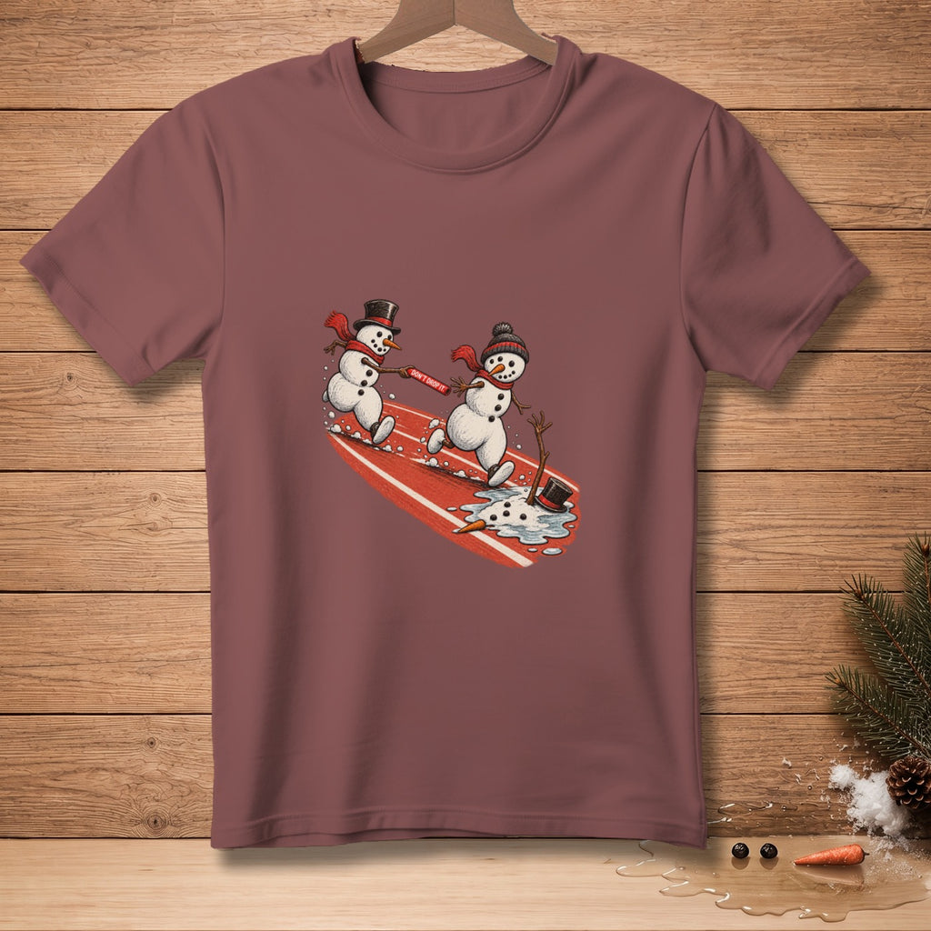 Snowmen carrying a baton with "Don't Drop It" text on a red track.