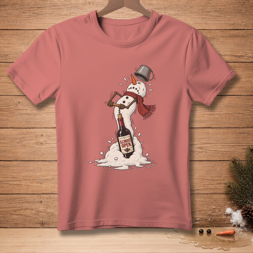 T-shirt graphic of melting snowman struggling with a wine bottle labeled "Almost Open."