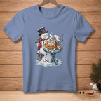 Snowman with a bowl labeled "MINE" is attacked by a seagull.