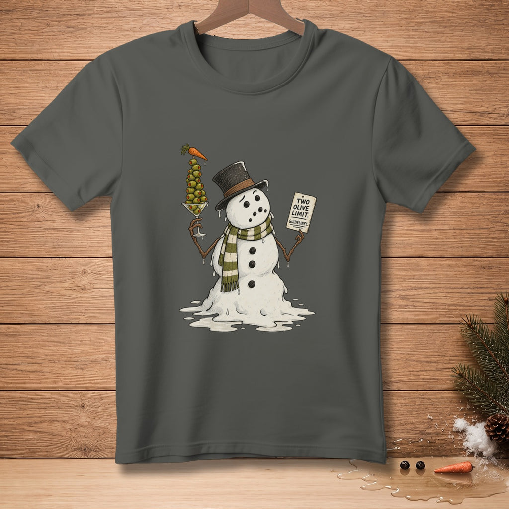 Melting snowman with martini glass of olives, carrot, and "Two Olive Limit" sign.