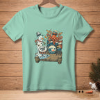 T-shirt graphic of a melting snowman and octopus playing drums on a pier.