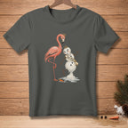 Flamingo wearing a crown and pearls with a melting snowman named "Miss Poise".