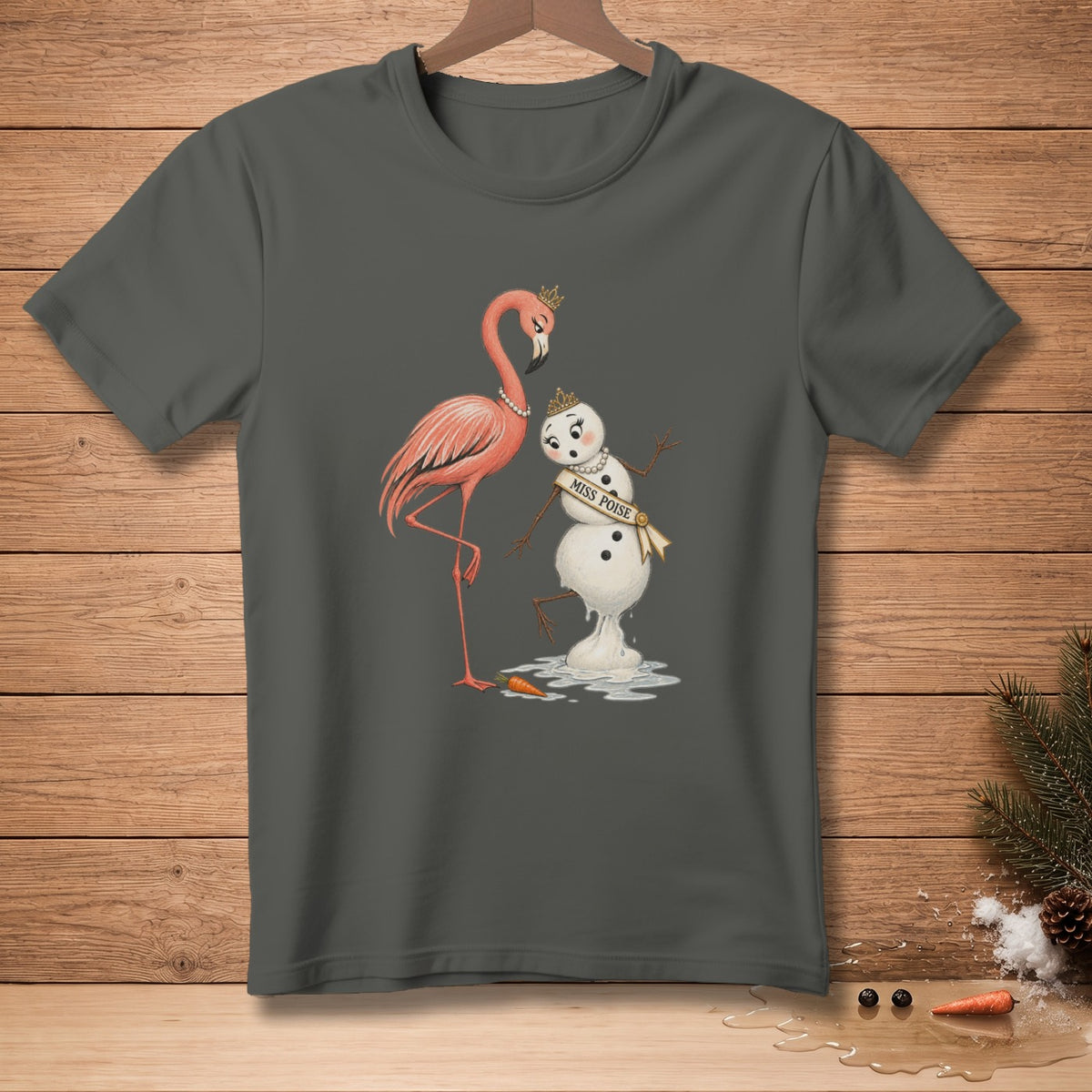 Flamingo wearing a crown and pearls with a melting snowman named "Miss Poise".