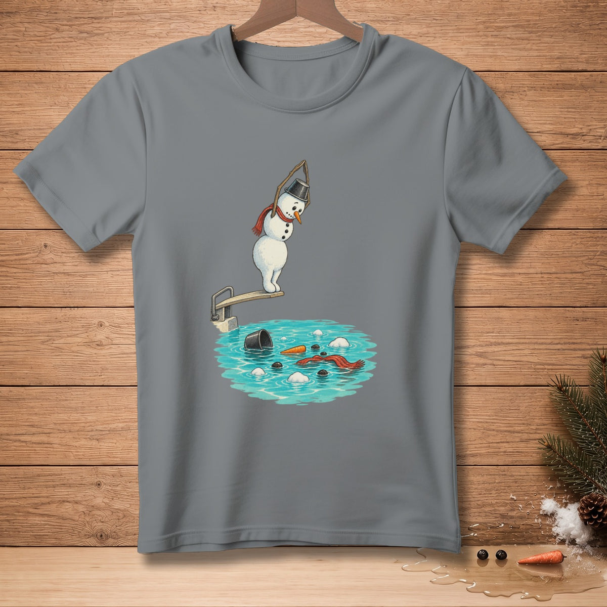Snowman on diving board with bucket and carrot in water.