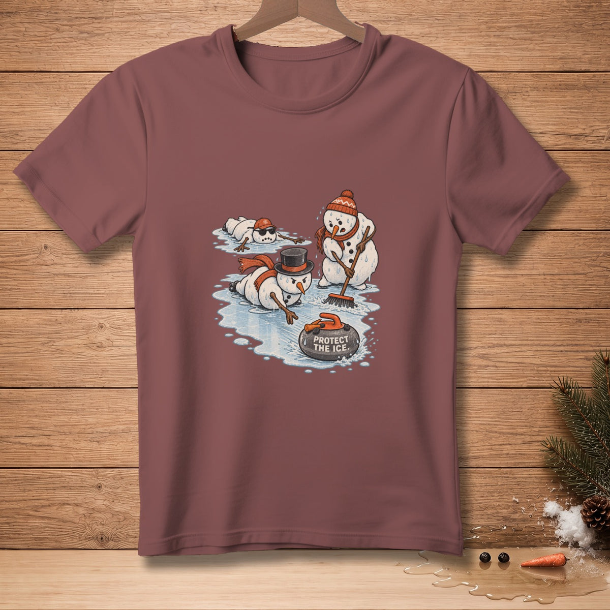 Cartoon snowmen play curling with text "Protect the Ice" on a curling stone.