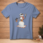 Melting snowman with sunglasses, scarf, and "Sun-Kissed" spray can.