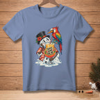 Snowman in Hawaiian shirt and top hat holds drink with parrot, text reads "SAVE SOME FOR ME".