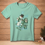 Snowman with a hose and watering can on a mint green t-shirt.