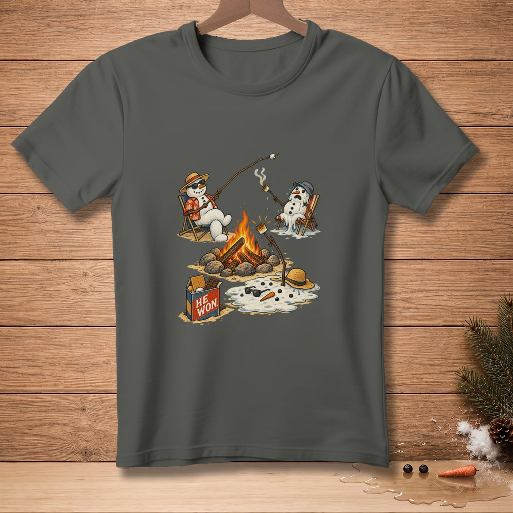 Melting snowmen roast marshmallows by a campfire with a "HE WON" box of graham crackers.