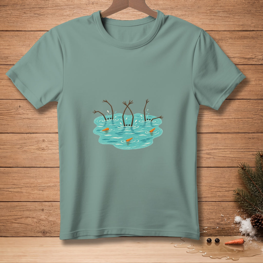 Three snowmen with carrot noses are drowning in icy water.