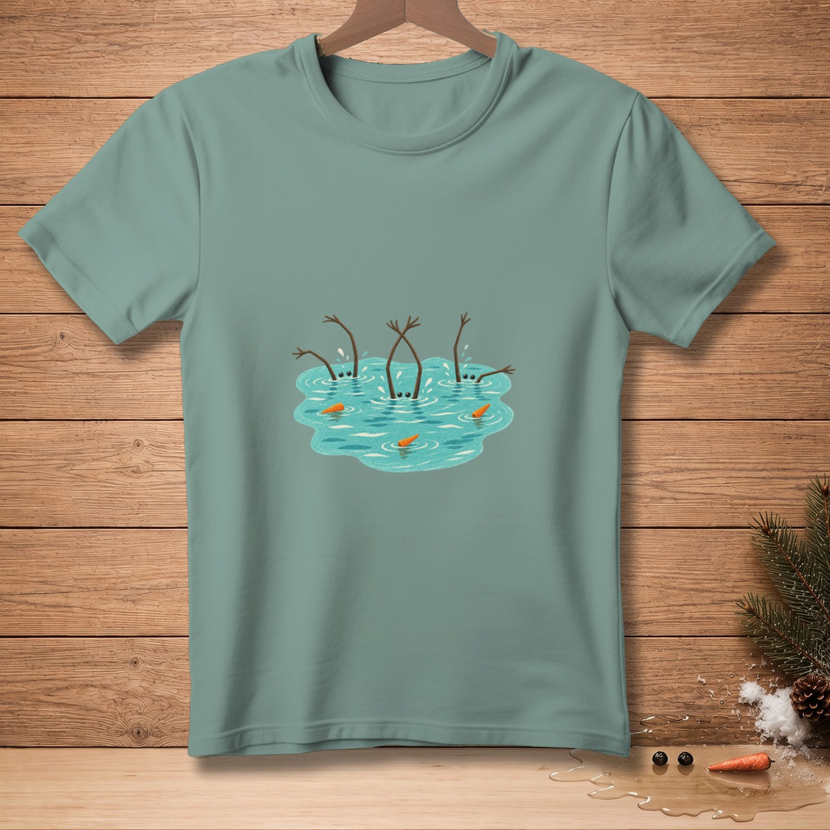 Three snowmen with carrot noses are drowning in icy water.