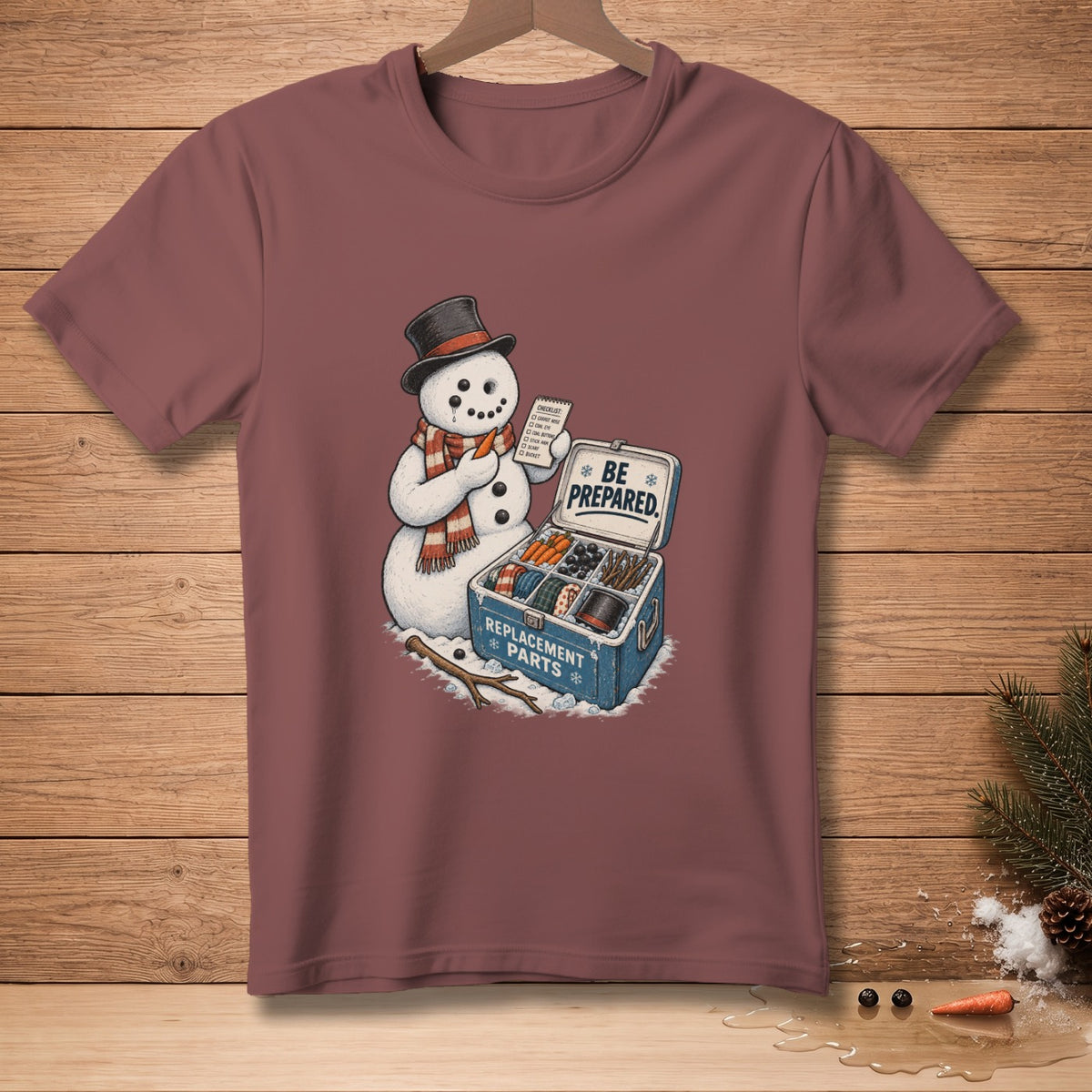Snowman with a checklist and toolbox with "Be Prepared Replacement Parts" text.