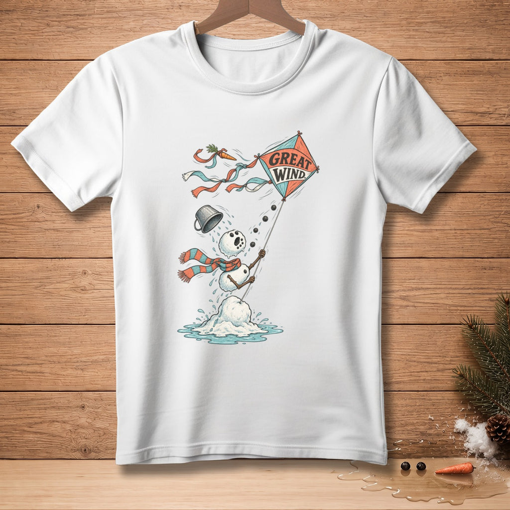 Melting snowman flying a kite that says "Great Wind".