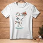 Melting snowman flying a kite that says "Great Wind".