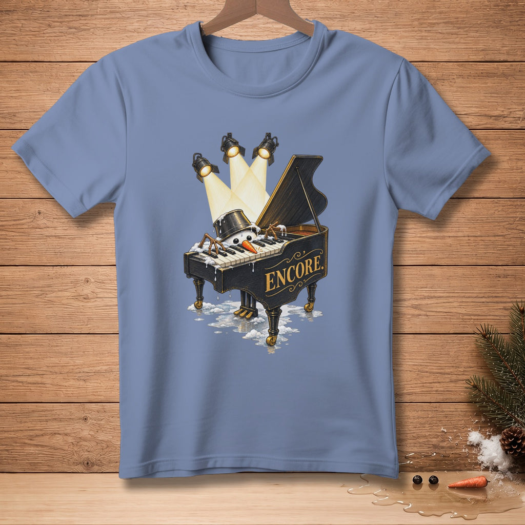 Snowman playing piano with spotlights and "Encore" text on a blue t-shirt.