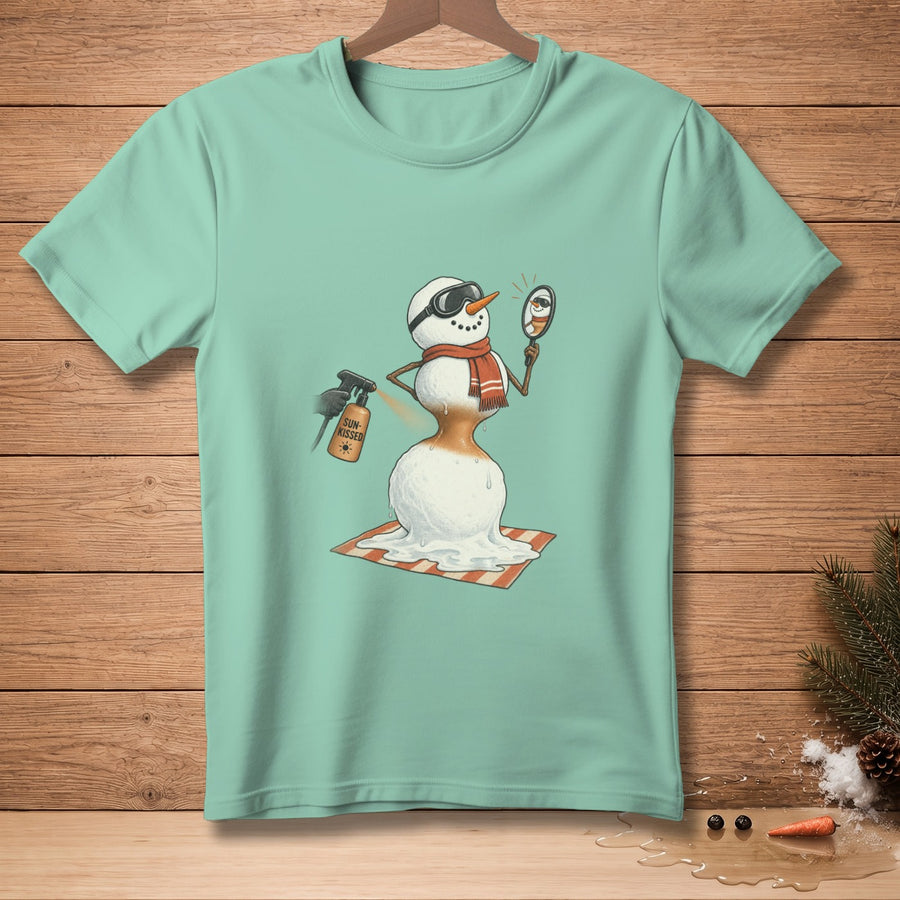 Snowman with tanning spray and mirror, melting on a beach towel.