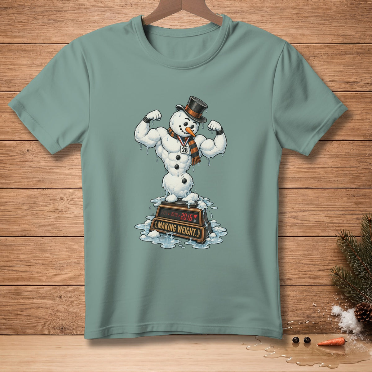 Muscle snowman wearing a medal and scarf stands on a scale labeled "MAKING WEIGHT."