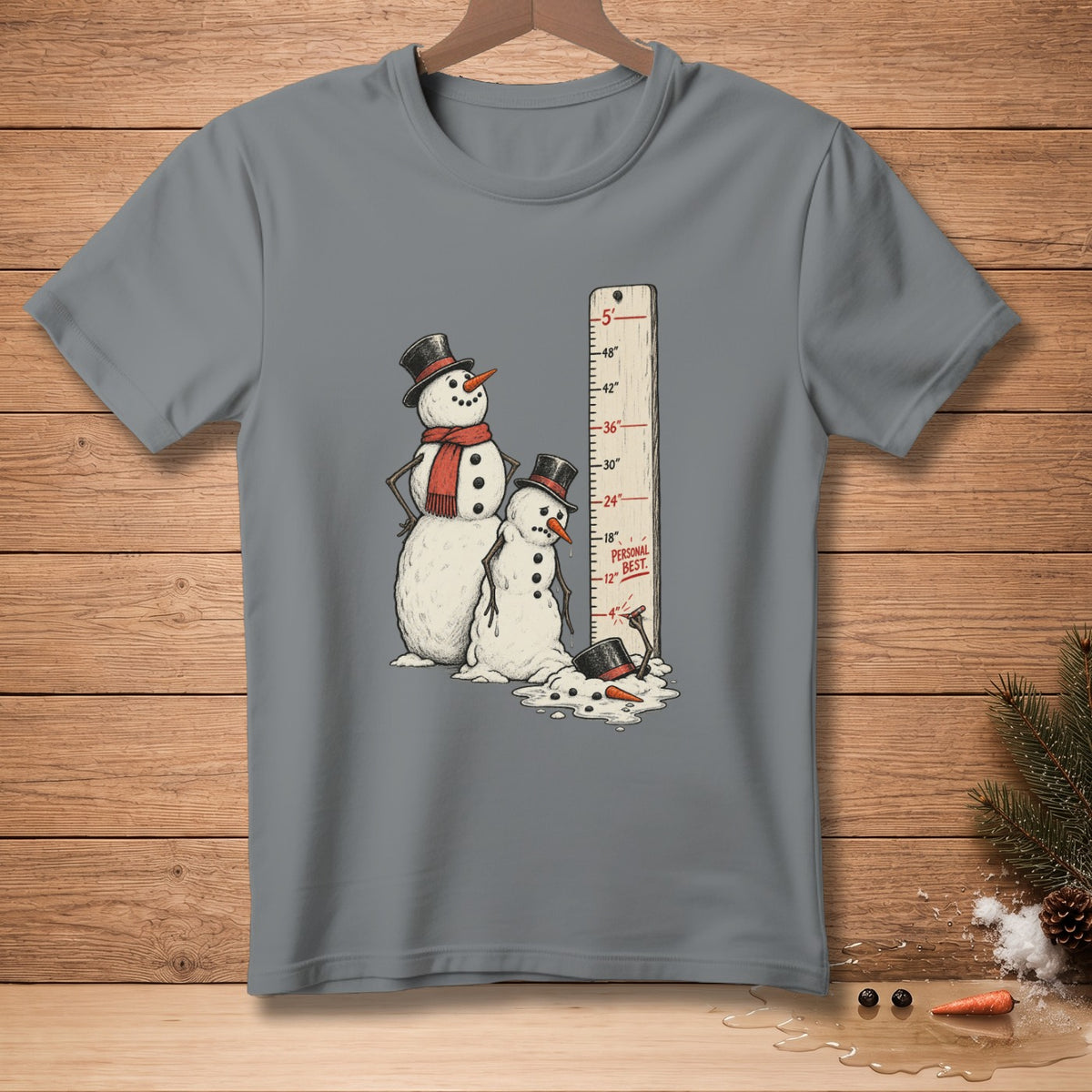 Two snowmen stand next to a ruler measuring growth, one is taller.