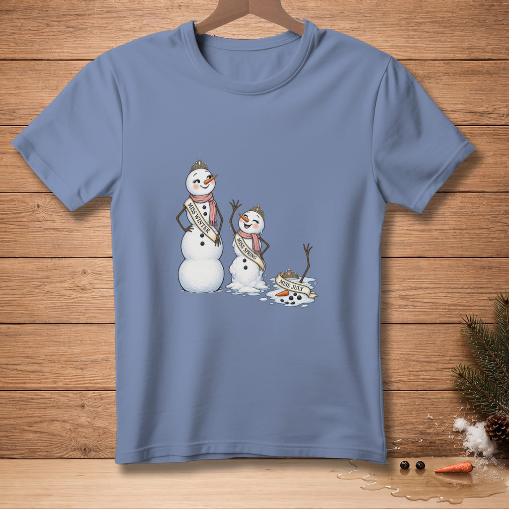 T-shirt graphic of snowmen with sashes: Miss Winter, Miss Spring, and melting Miss July.