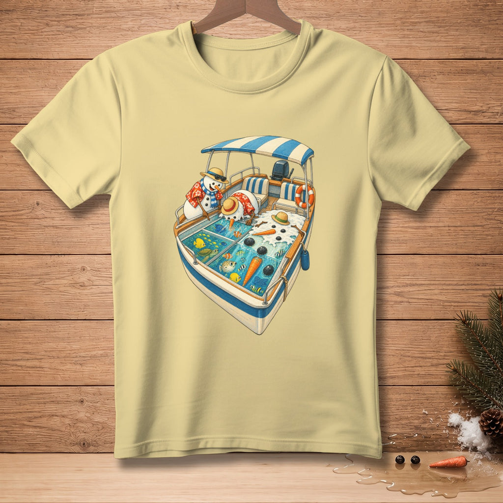 Yellow t-shirt with a graphic of snowmen on a boat looking at fish.