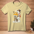 Melting snowman in top hat eating macaroni and cheese with text "NO NOTES."
