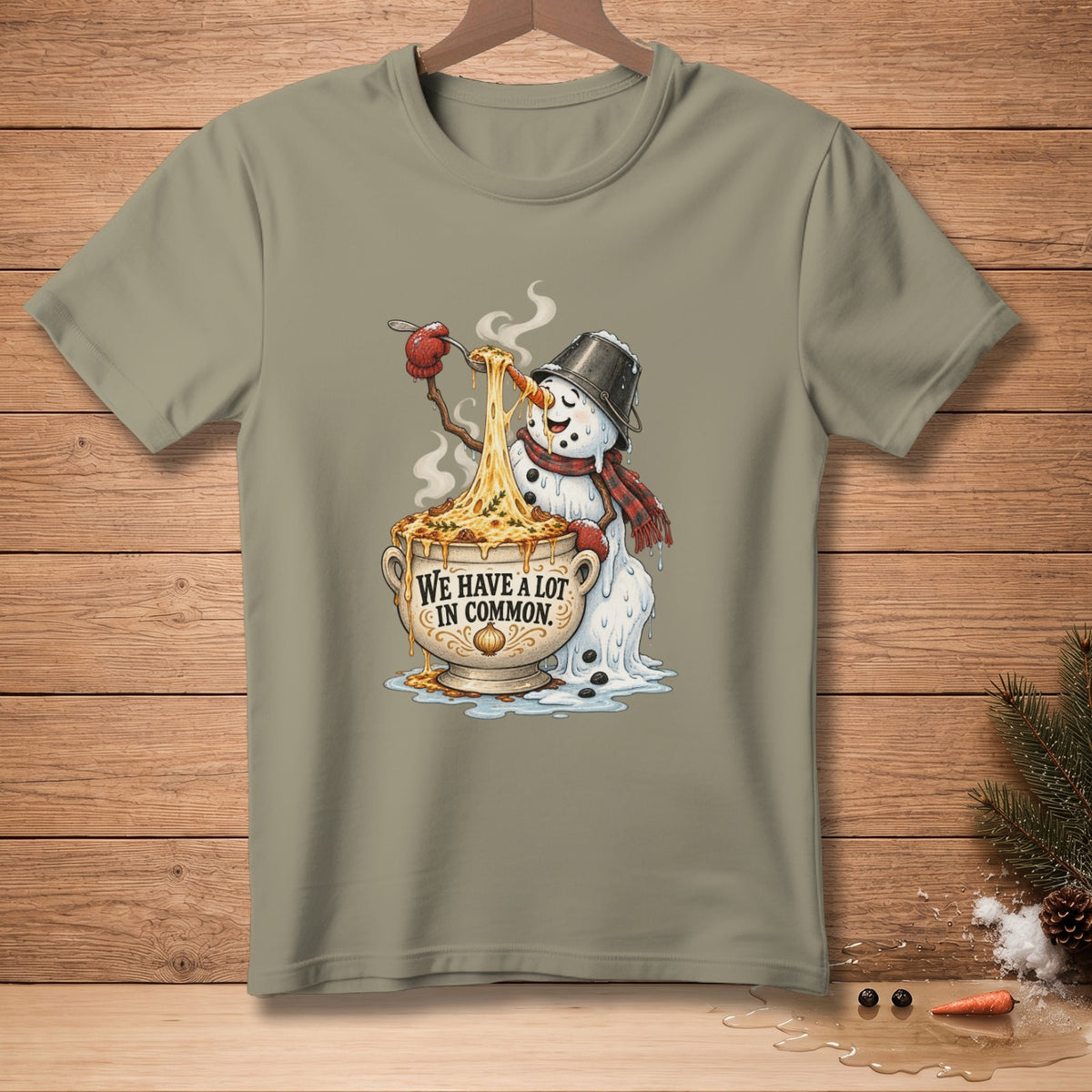 Snowman with bucket hat eating spaghetti, says "We Have A Lot In Common."