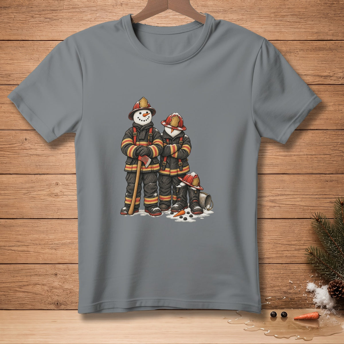 Two snowmen dressed as firefighters stand with an axe and helmet.
