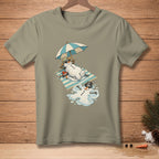 T-shirt with cartoon snowmen melting under an umbrella on a beach towel.