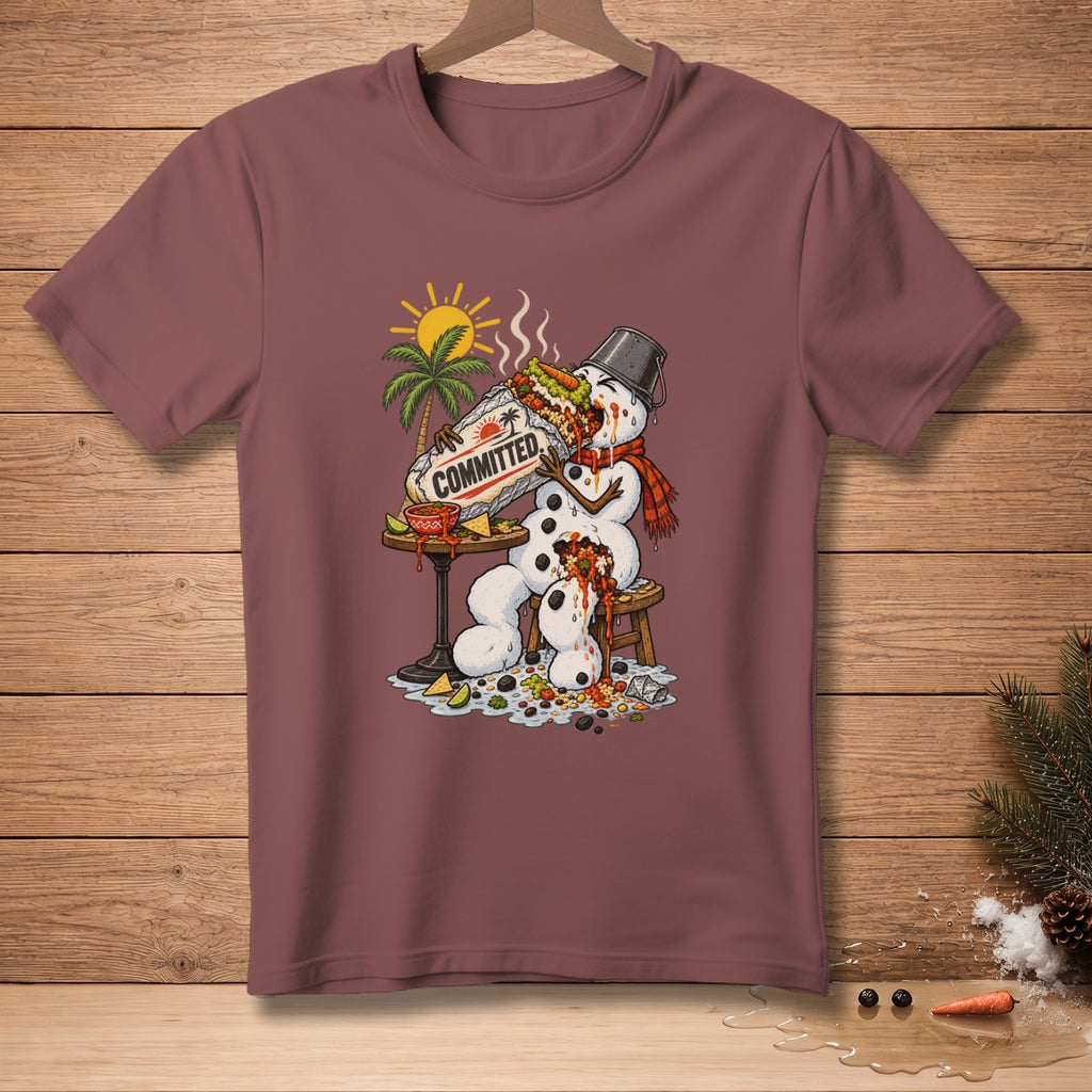 Snowman eating a burrito labeled "COMMITTED" with a tropical background.