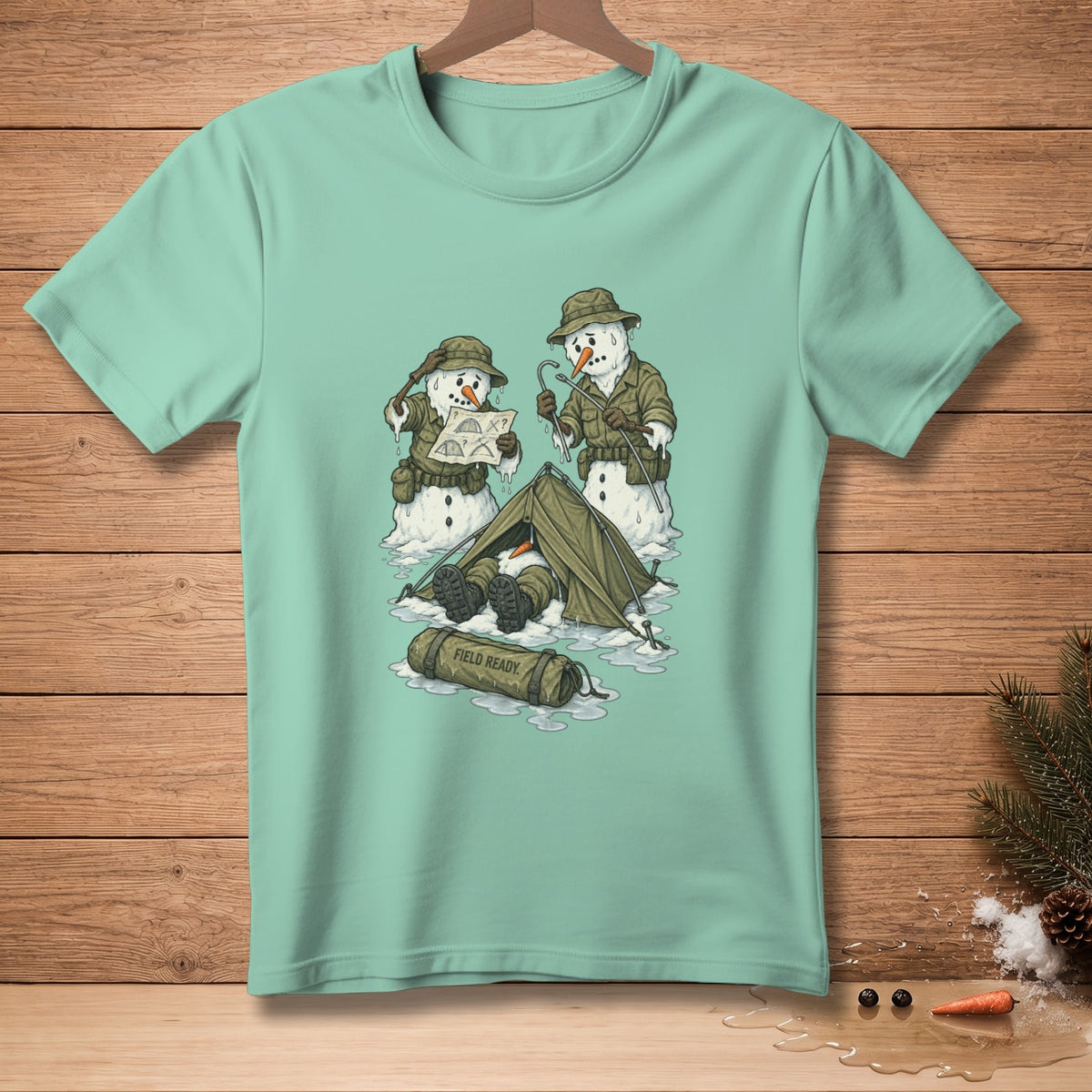 Snowmen in military gear camping with a tent and a rolled-up bag labeled "FIELD READY."