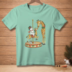 Snowman and giraffes on a festive carousel with holiday decorations.