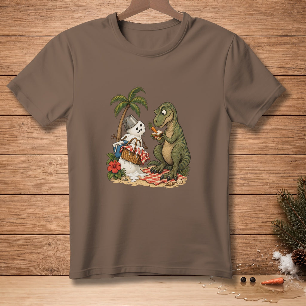 Dinosaur eating a sandwich with a melting snowman on a beach.