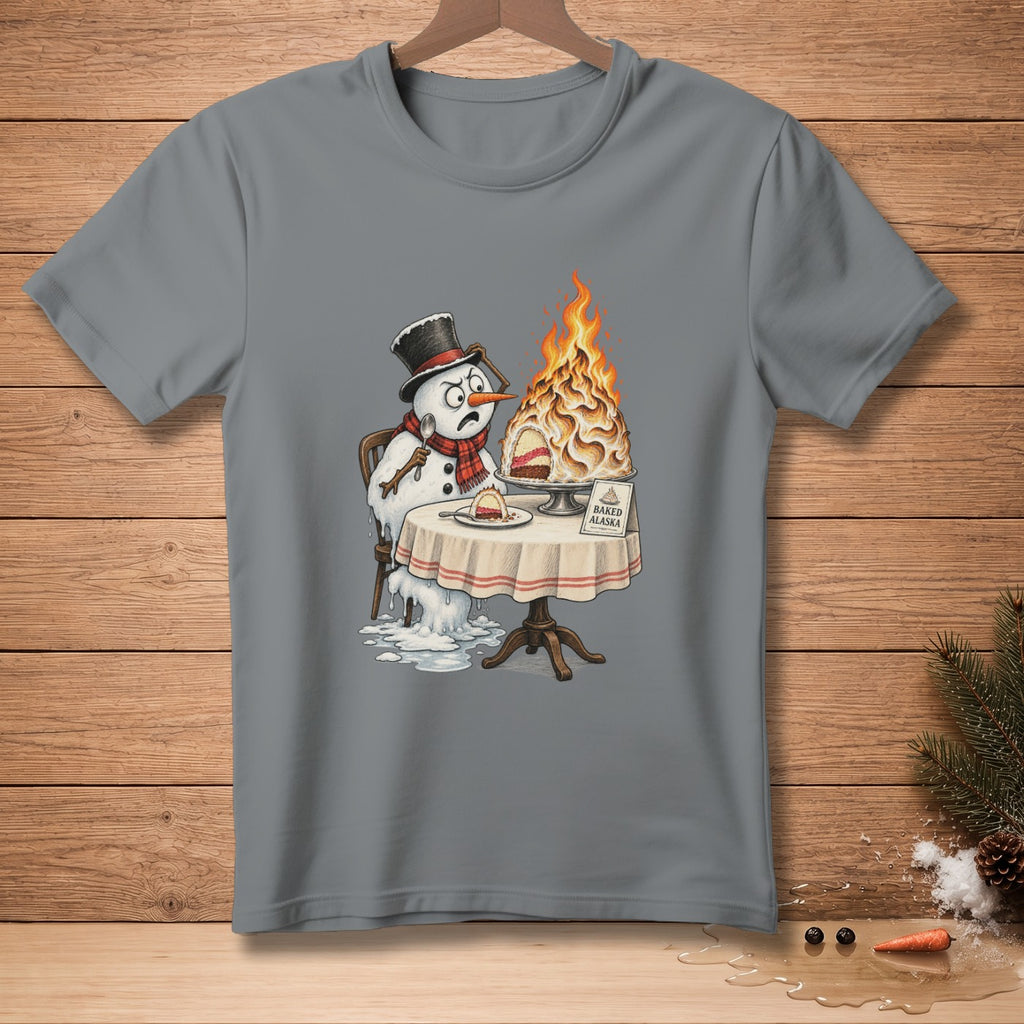 Snowman melts at table with flaming Baked Alaska dessert.