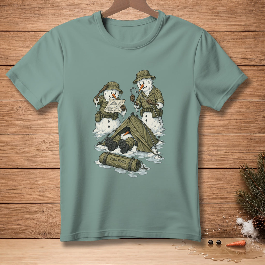 Snowmen in military gear camp with map and sleeping bag reading "FIELD READY".