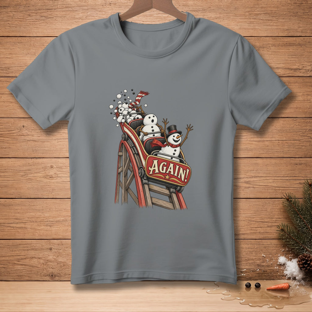 Snowmen on a rollercoaster with the text "AGAIN!" on a grey t-shirt.