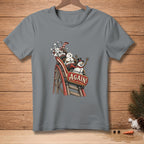 Snowmen on a rollercoaster with the text "AGAIN!" on a grey t-shirt.