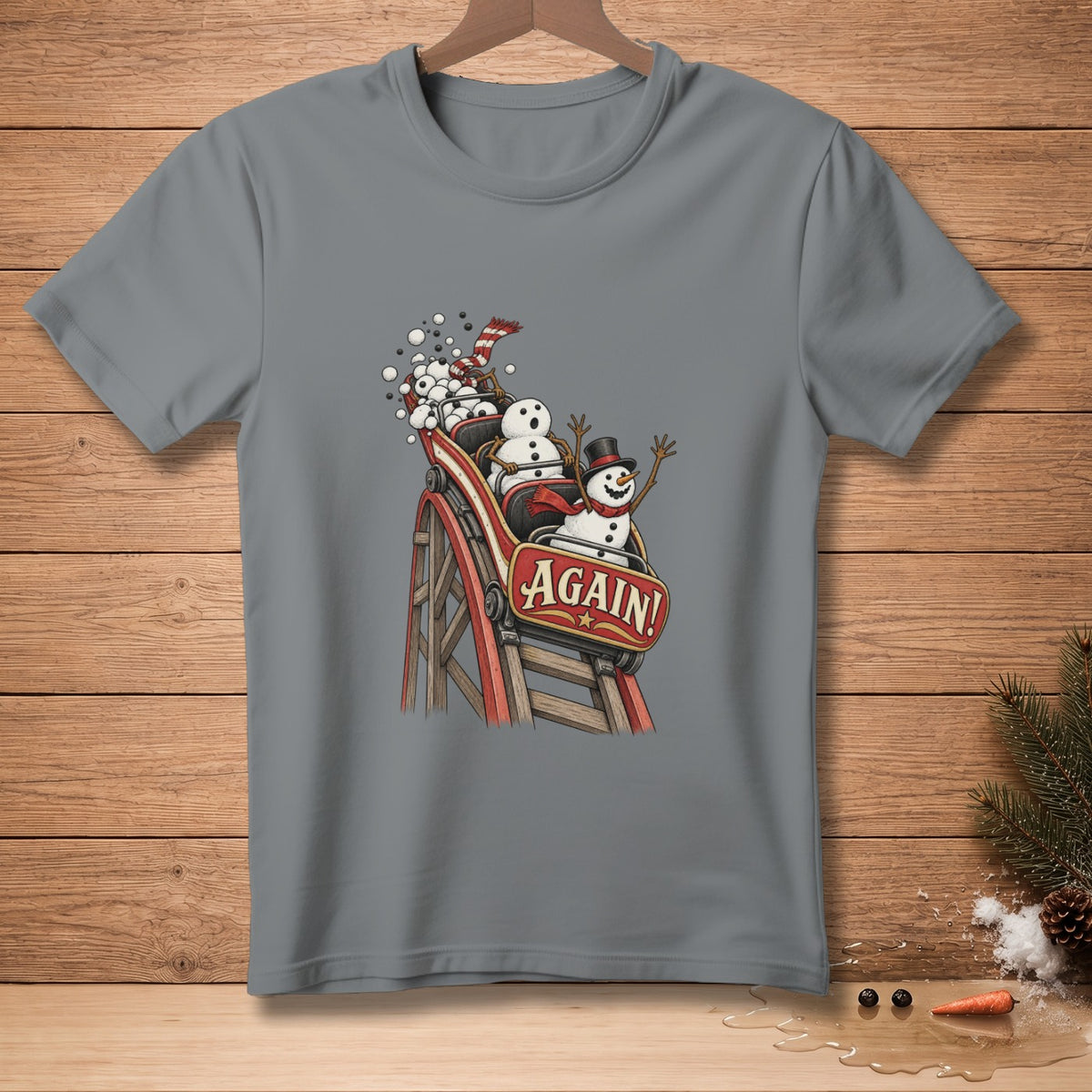 Snowmen on a rollercoaster with the text "AGAIN!" on a grey t-shirt.