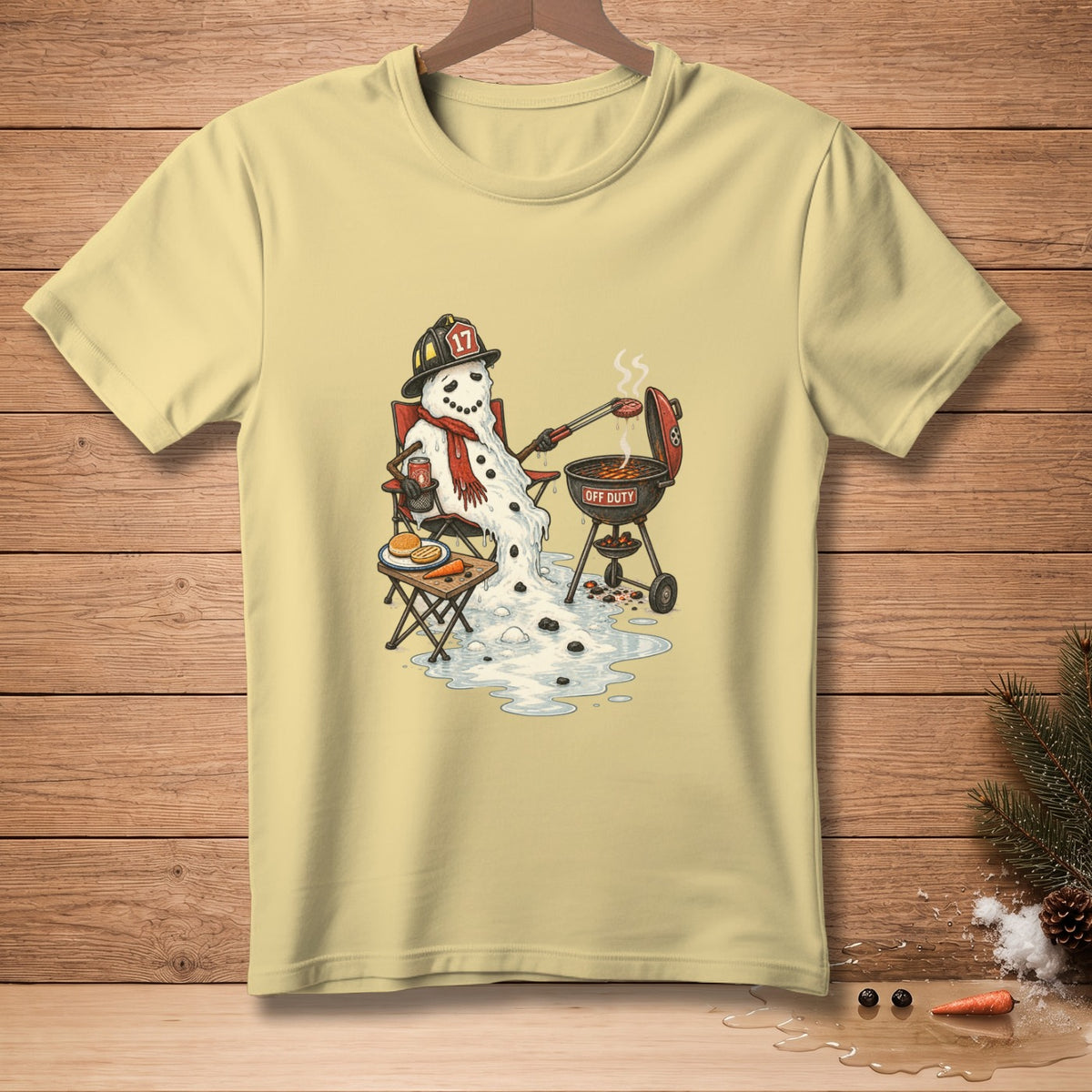 Snowman wearing a firefighter helmet grilling burgers, melting on a chair, "Off Duty" text.