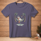 Snowman in hammock with sunglasses and drink, palm trees, and "NO REGRETS" text.